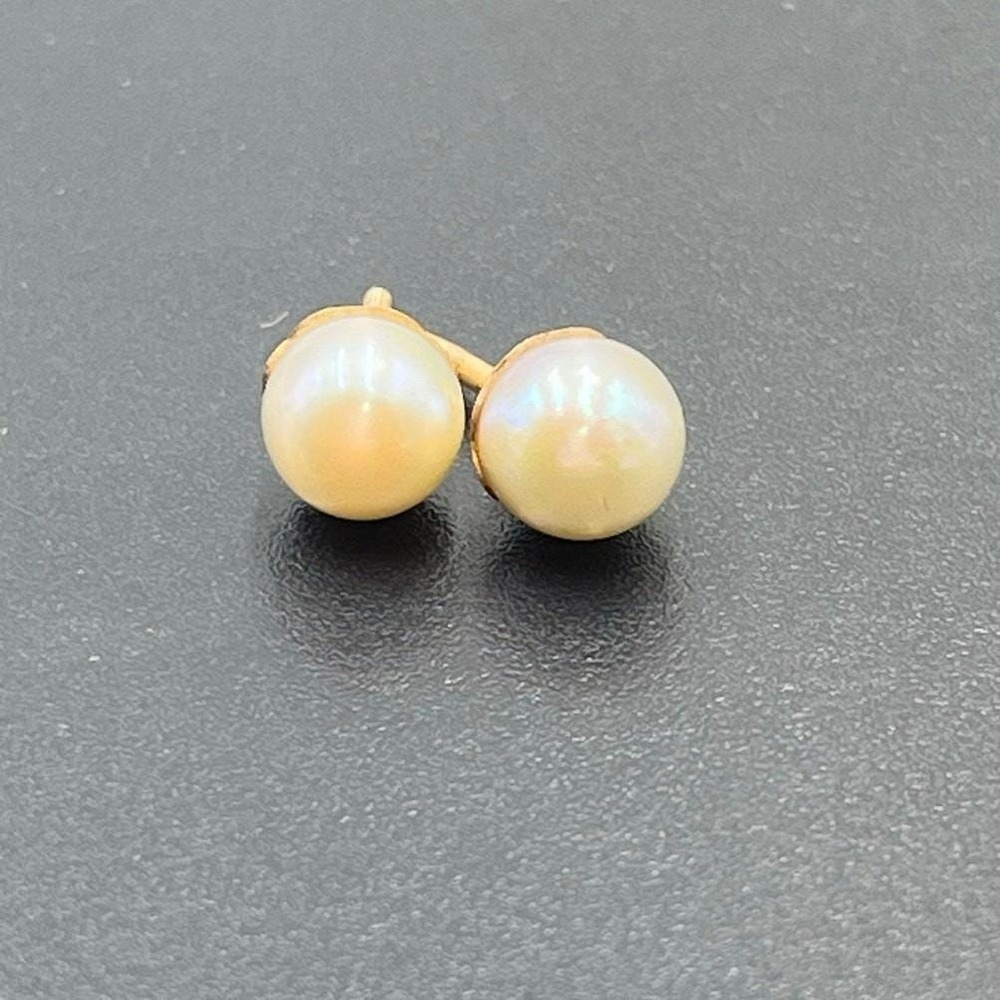 10k Yellow Gold Round 7mm White Pearl Stud Screw Earrings Buttercup Scallop Set‎